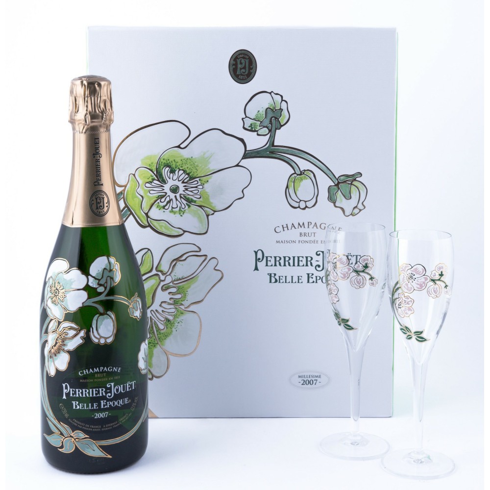 Champagne Brut Belle Epoque Perrier Jouet 2007 Confezione con Bicchieri